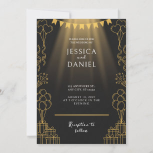Gold Spotlight Bunting Black Wedding Invitation