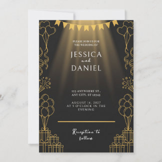 Gold Spotlight Bunting Black Wedding Invitation