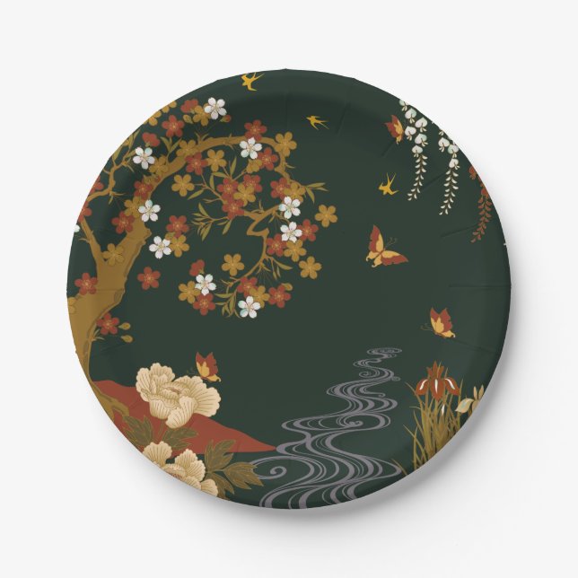 Gold Spring Floral Cherry Blossom River Night Paper Plate (Front)