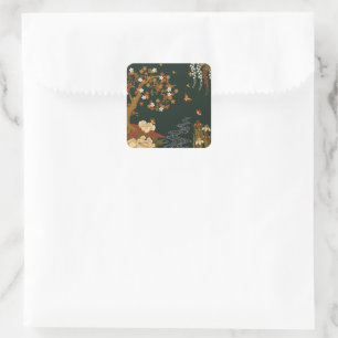 Gold Spring Floral Cherry Blossom River Night Square Sticker