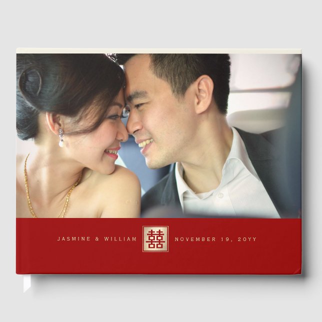 Gold Square Double Happiness Chinese Wedding Photo Guest Book (Front)