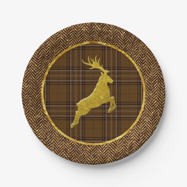 Gold Stag Plaid and Herringbone Paper Plate (Front)