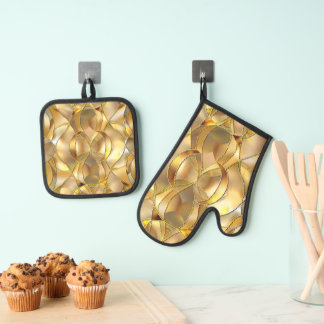 GOLD STAINED GLASS MOSAIC LOOK OVEN MITT & POT HOLDER SET