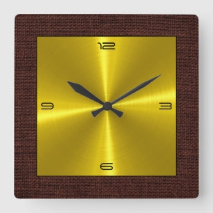 Gold Stainless Steel Modern Burlap Border Square Wall Clock