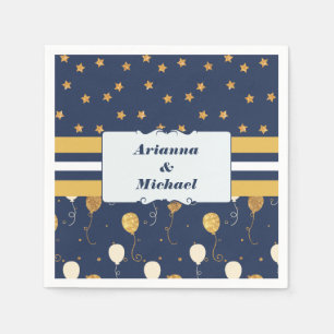 Gold Star Balloons Navy Personalised Custom Names Napkin