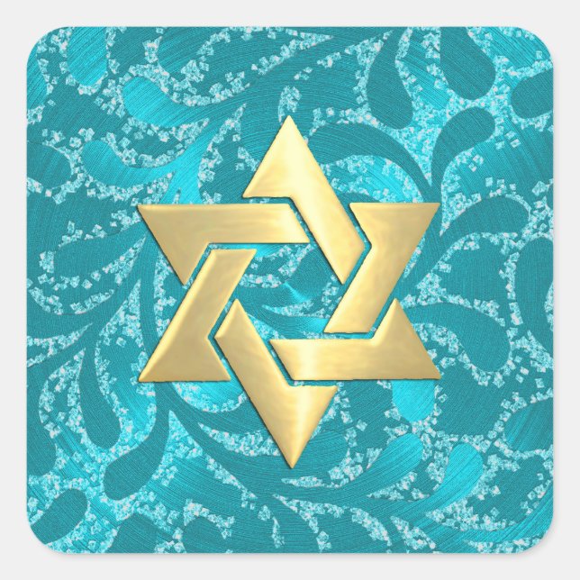 Gold Star Bat Mitzvah Turquoise Blue Damask Square Sticker (Front)