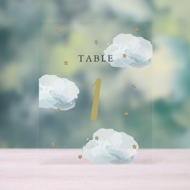 Gold Star & Blue Cloud Baby Shower Table Number Acrylic Sign (Neutral)