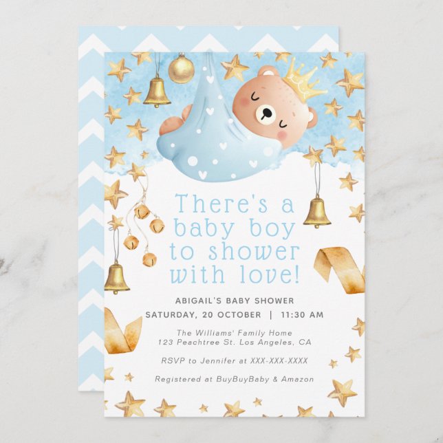 Gold Star Blue Teddy Bear Prince - Boy Baby Shower Invitation (Front/Back)