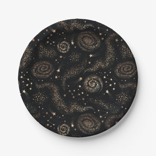 Gold Star Constellation Galaxy Pattern Paper Plate (Front)