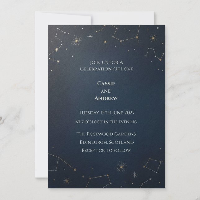Gold Star Constellation Navy Wedding Invitation (Front)