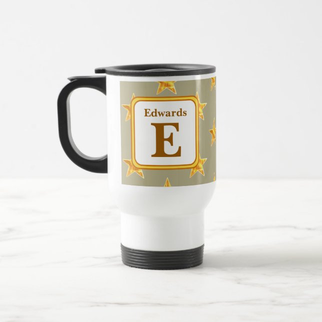 Gold Star Family Initial E Monogram Travel Mug (Left)