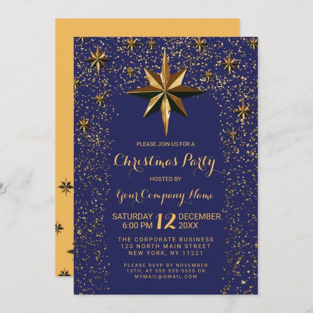 Gold Star Glitter Confetti Corporate Christmas Invitation (Front/Back)