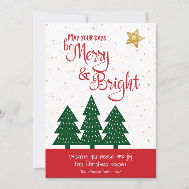 Gold Star Green Tree Be Merry Bright Script Simple Holiday Card (Front)