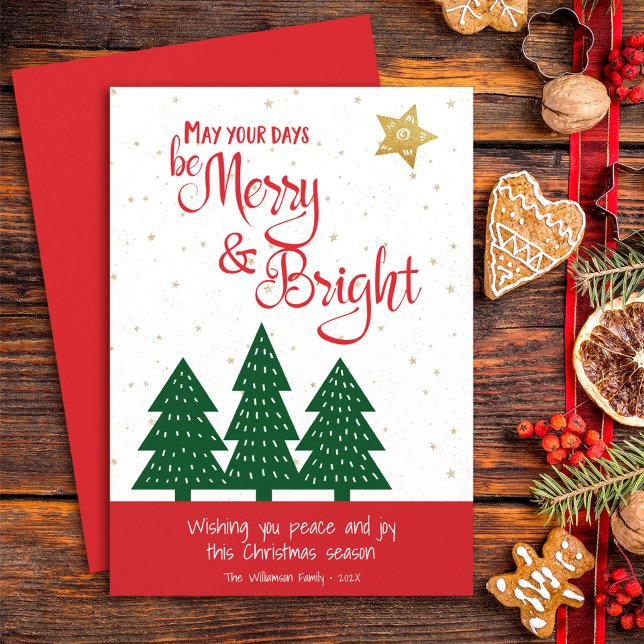 Gold Star Green Tree Be Merry Bright Script Simple Holiday Card (Creator Uploaded)