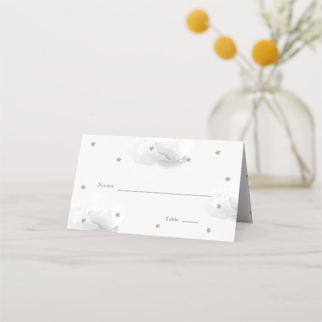 Gold Star & Grey Cloud Baby Shower Place Card (Front)