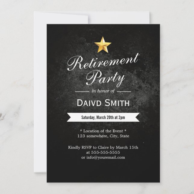 Gold Star Grunge Dark Retirement Party Invitations (Front)