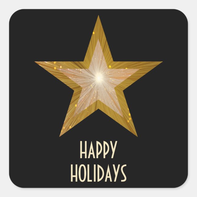 Gold Star 'Happy Holidays' square sticker black (Front)