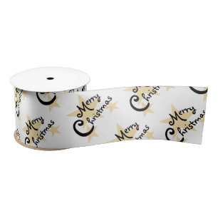 Gold Star Merry Christmas on White Ribbon Satin Ribbon