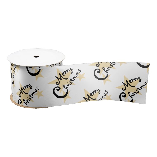 Gold Star Merry Christmas on White Ribbon Satin Ribbon (Spool)