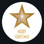 Gold Star 'Merry Christmas'' round sticker white<br><div class="desc">Modern design with a 'shining' gold and white star on a white background. Sticker with a gold and white customisable design for you to personalise with your own text, images and ideas. The text can easily be changed using the template provided or click the 'Customise It' button to make further...</div>