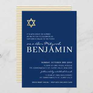 GOLD STAR modern Bar Mitzvah minimal navy white Invitation