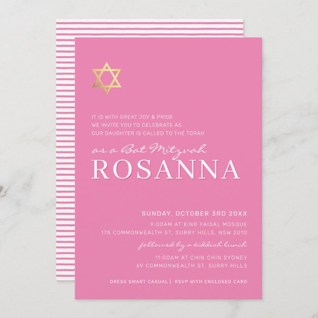 GOLD STAR modern Bat Mitzvah minimal pretty pink Invitation (Front/Back)