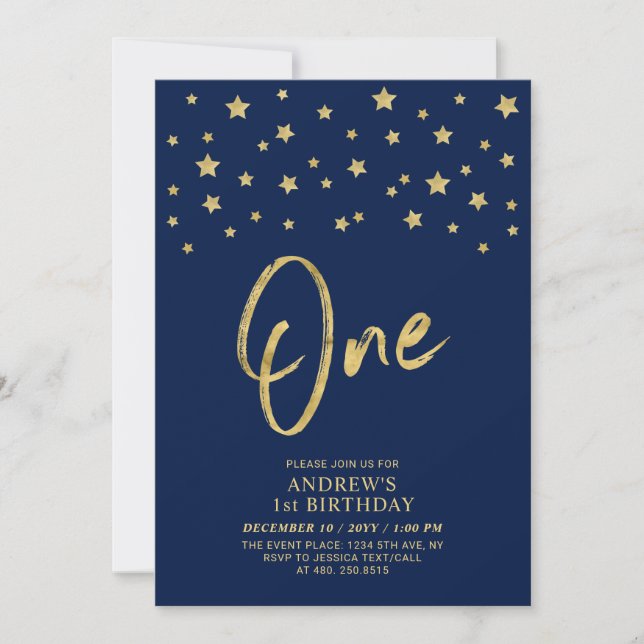 Gold Star | Navy Blue One 1st Birthday Party Invitation (Front)