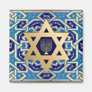 Gold Star of David and Menorah Hanukkah Gift Magnet