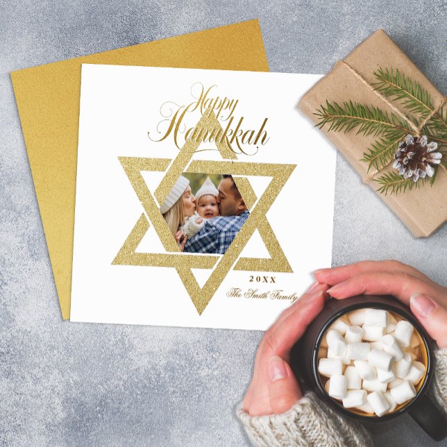 Gold Star of David Hanukkah Card (Elegant Photo Hanukkah Card)