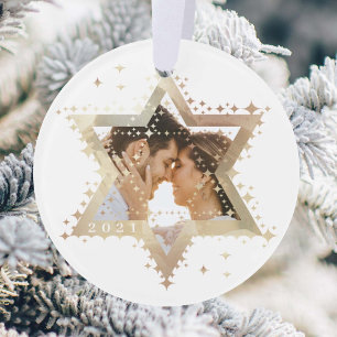 Gold Star of David Mr & Mrs First Hanukkah Photo Ornament