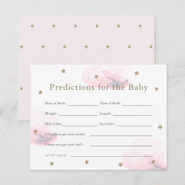 Gold Star & Pink Cloud Baby Predictions Card (Front/Back)