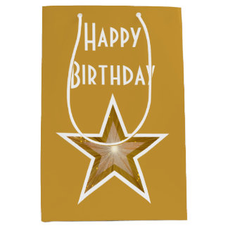 Gold Star print Happy Birthday gold medium Gift Bag