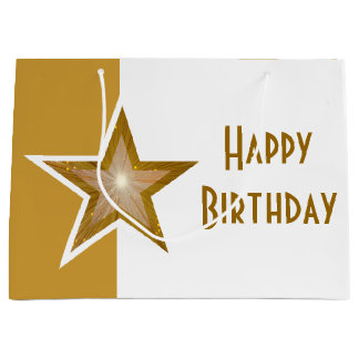 Gold Star print Happy Birthday gold white large Gift Bag