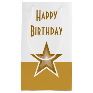 Gold Star print Happy Birthday gold white small Gift Bag