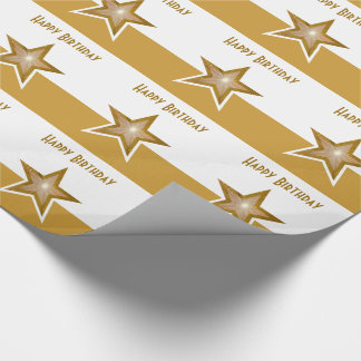 Gold Star print Happy Birthday gold white stripe Wrapping Paper
