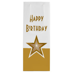 Gold Star print Happy Birthday gold white wine Gift Bag