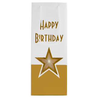 Gold Star print Happy Birthday gold white wine Gift Bag