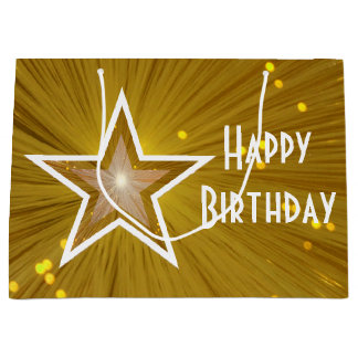 Gold Star print Happy Birthday white large Gift Bag