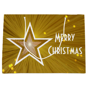 Gold Star print Merry Christmas white large Gift Bag