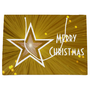 Gold Star print Merry Christmas white large Large Gift Bag