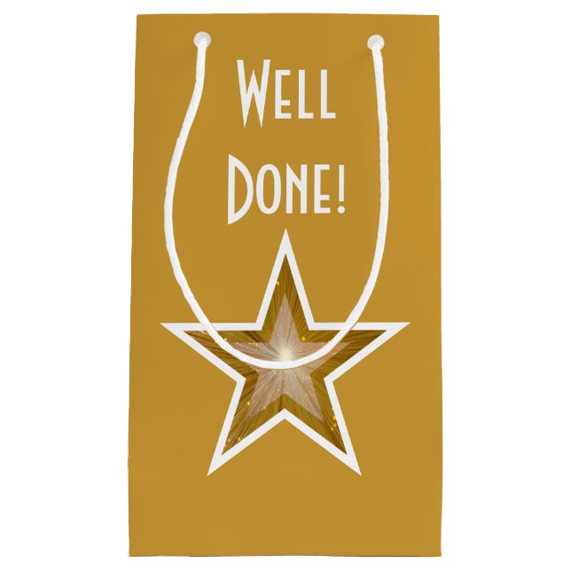 Gold Star print Well Done gold gift bag small (Front)