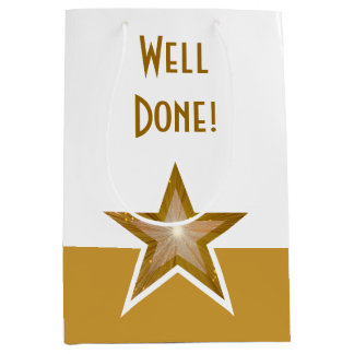 Gold Star print Well Done gold white medium Gift Bag
