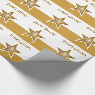 Gold Star Season's Greetings gold white stripe Wrapping Paper