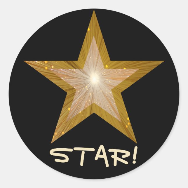 "Gold" Star 'STAR!' round sticker black (Front)