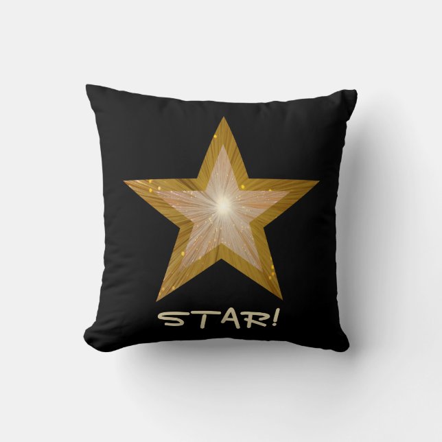 "Gold" Star 'STAR!' throw pillow square black (Front)