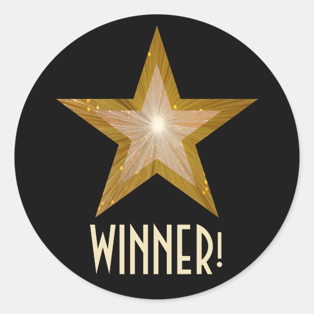 Gold Star 'WINNER!' round sticker black (Front)
