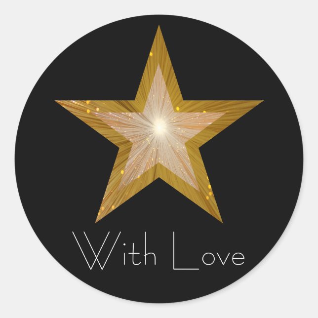 Gold Star 'With Love'' round sticker black (Front)