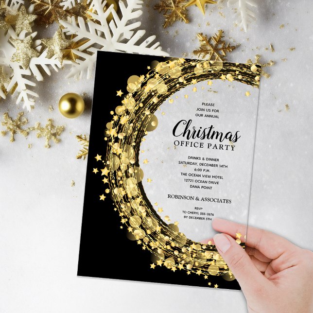 Gold Star Wreath Christmas Party Acrylic Invitations (Gold twinkling star wreath ACRYLIC Christmas party invitations)