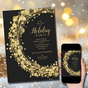 Gold Star Wreath on Black Christmas Holiday Invitation