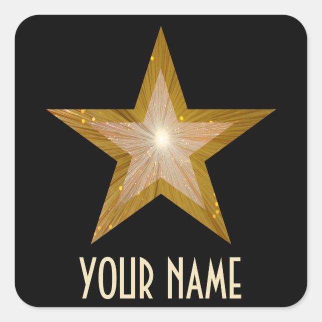 "Gold" Star 'Your Name'' square sticker black (Front)